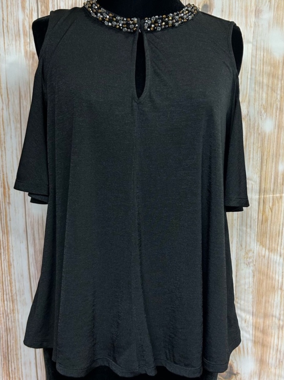 Jennifer Lopez Black Embellished Neck‎ Cold-Shoulder Top